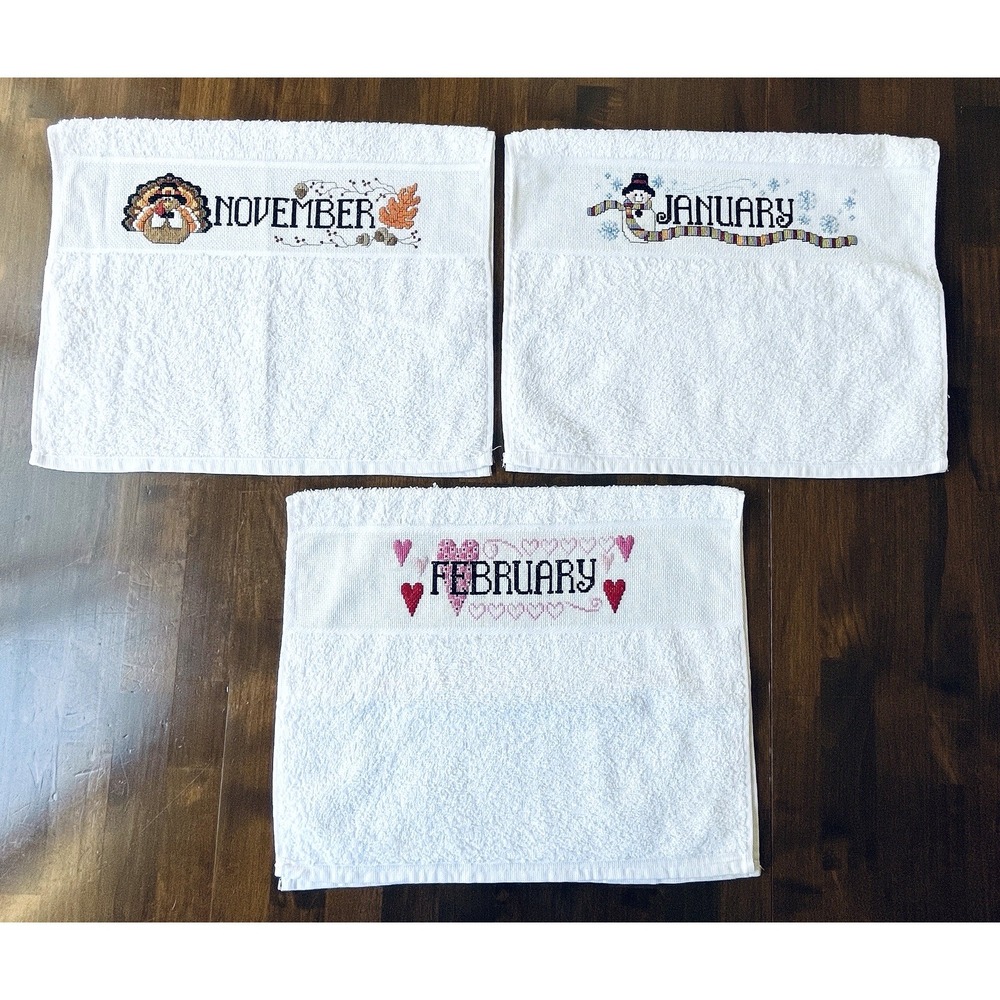 Vtg Cross Stitch Completed All 12 Months of the Year Dish Towels NEW - Picture 4 of 14